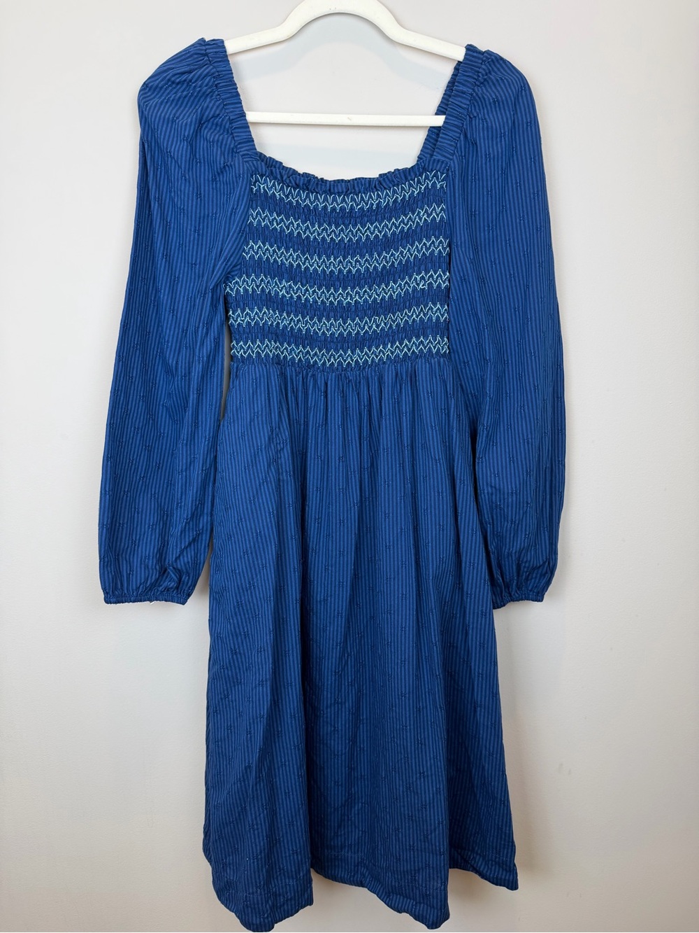 Draper James RSVP Blue Smocked Midi Dress Long Sleeve Cotton Boho S
